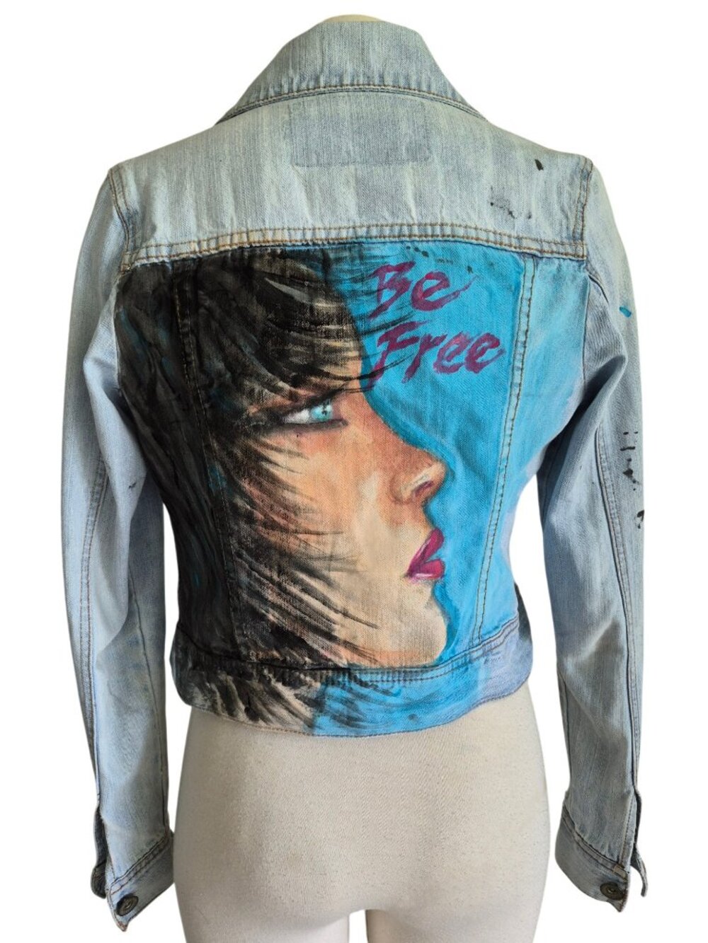 LEI Light Blue Painted Original Jean Jacket "Be Free" with Face on back XS